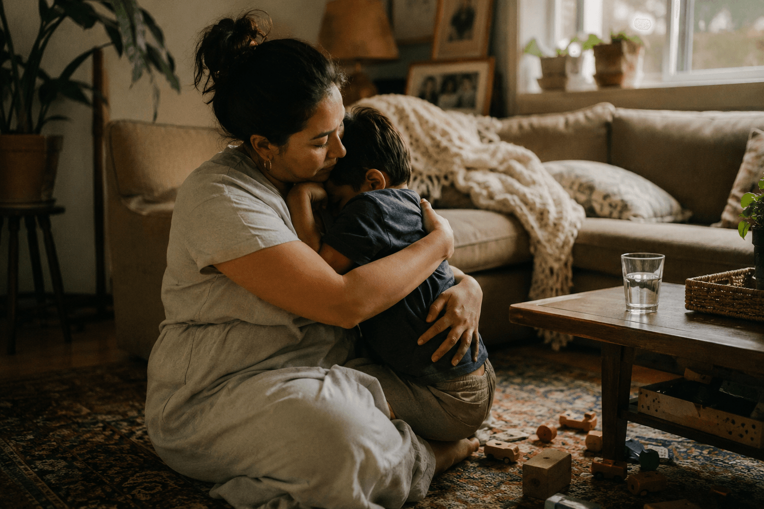 A Latina mother holds her son on the living room floor beside the couch, toys scattered around them
