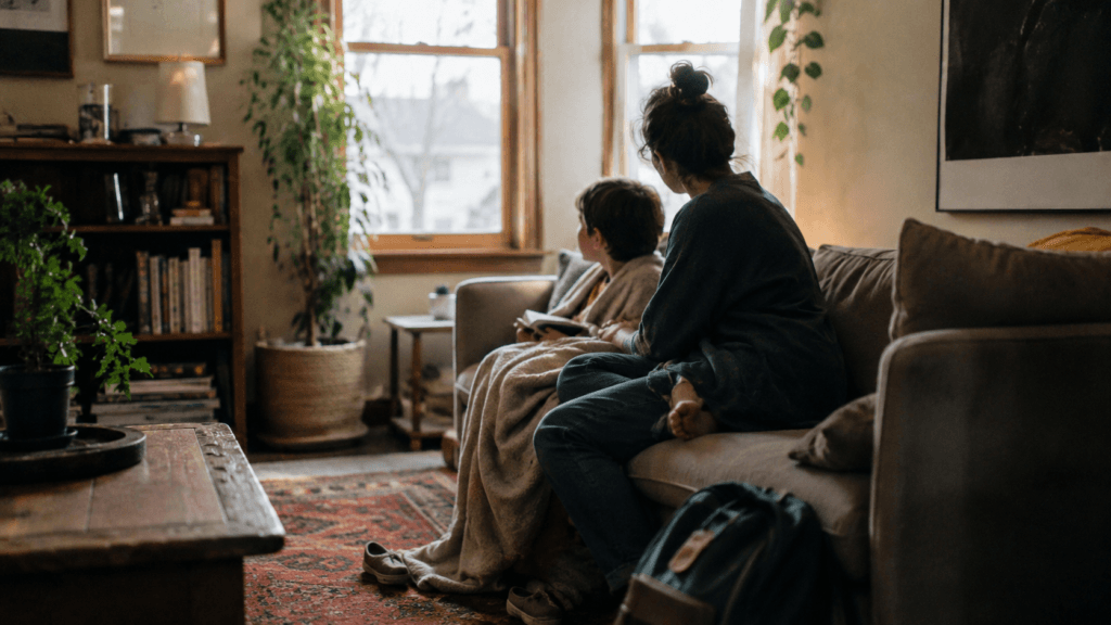 A Middle Eastern mother and her son read together under a blanket on the sofa in warm afternoon light