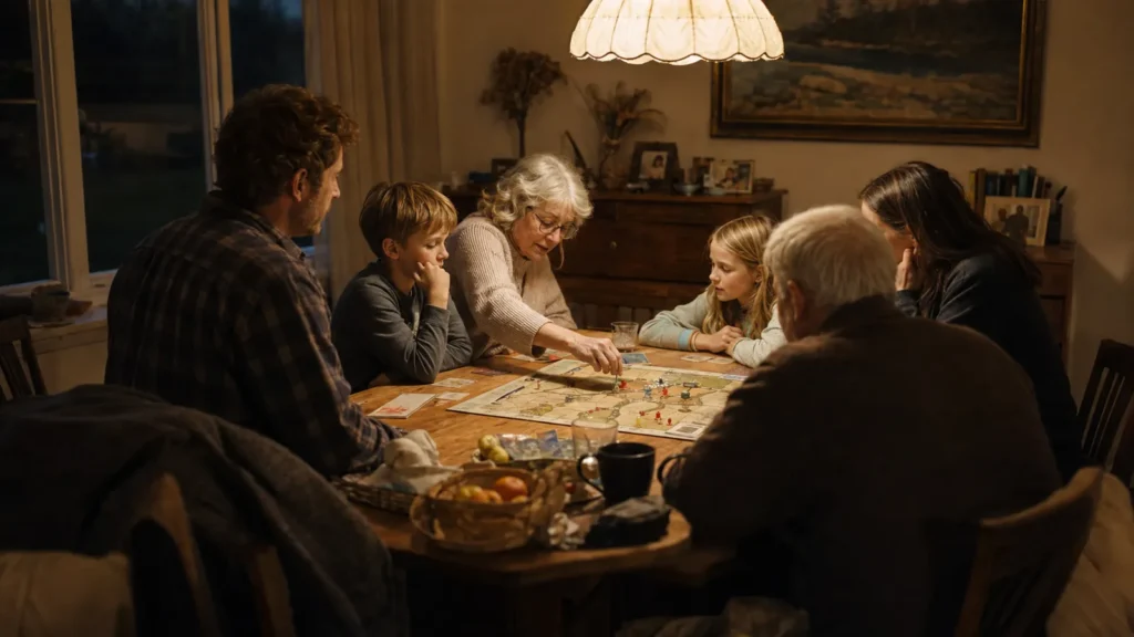 A family plays a board game around a low table by lamplight on a dark autumn evening