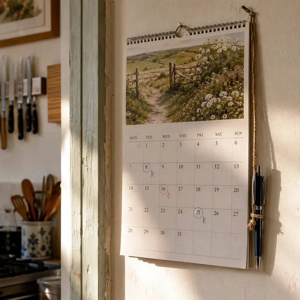 A wall calendar with December days marked for two different homes