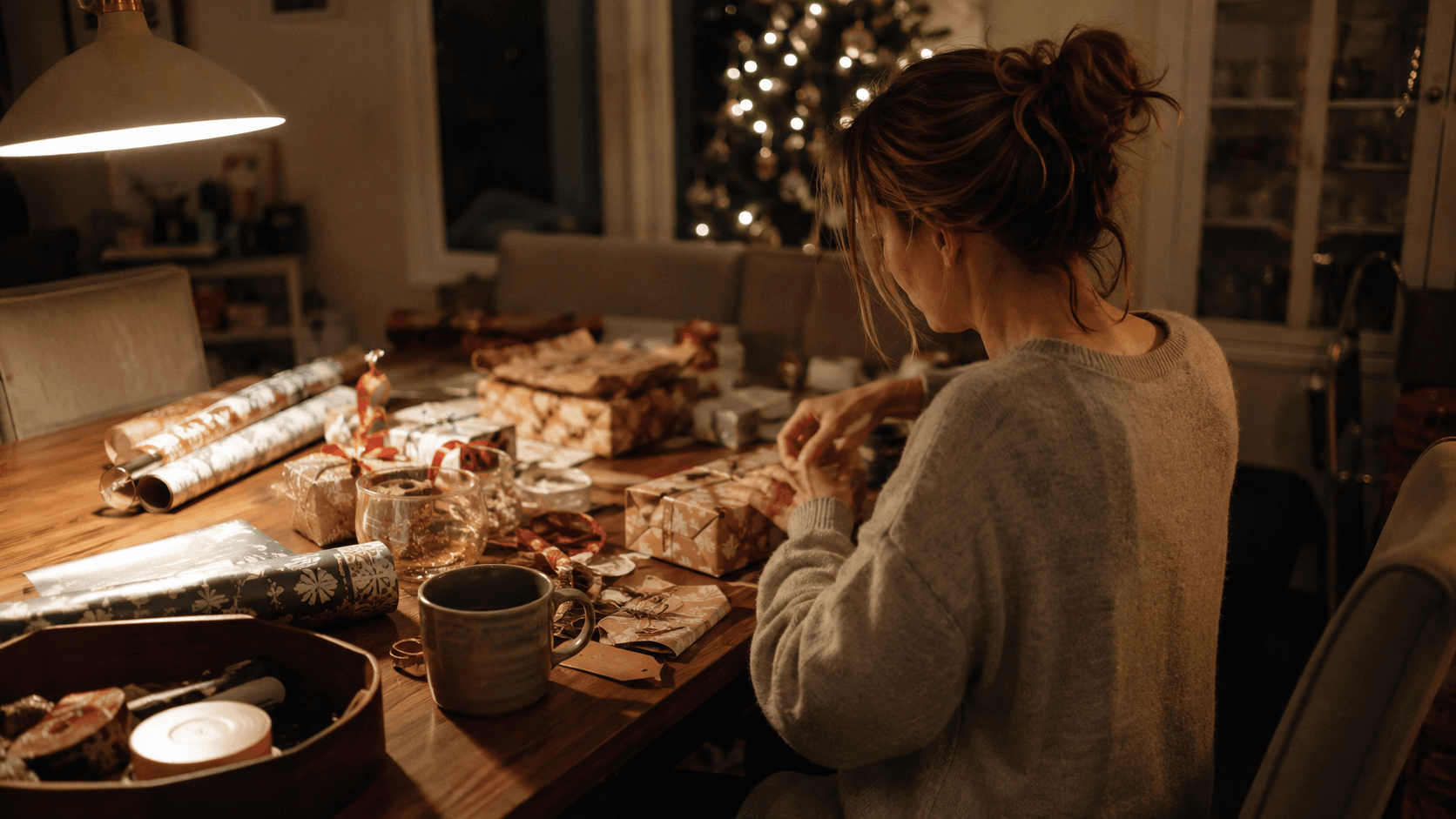 A kitchen table at night covered in wrapping paper, ribbon and half-wrapped presents