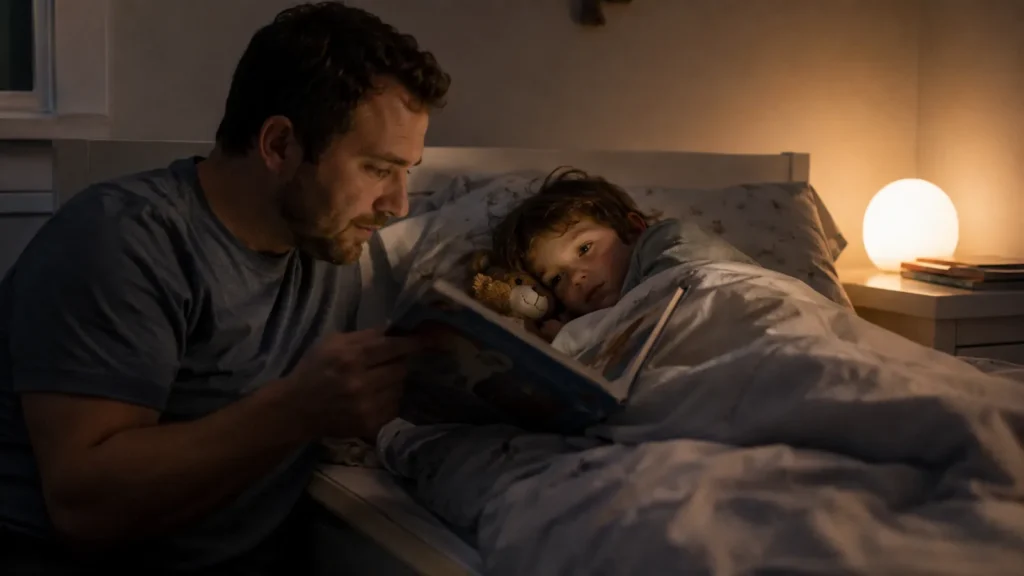 A father sits beside a childs bed reading a picture book with a round night light glowing