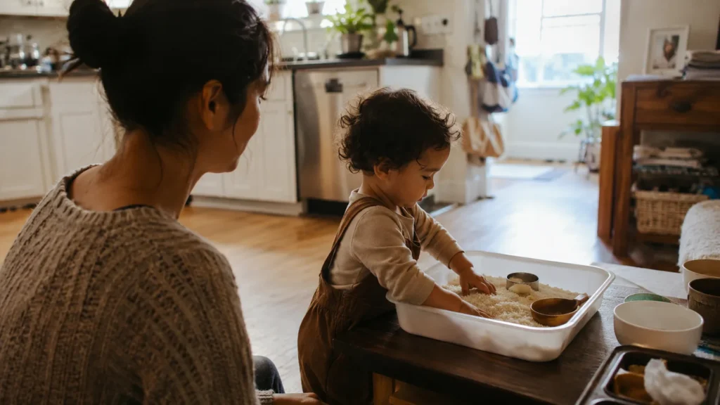 A toddler scooping rice from a sensory bin at the kitchen table