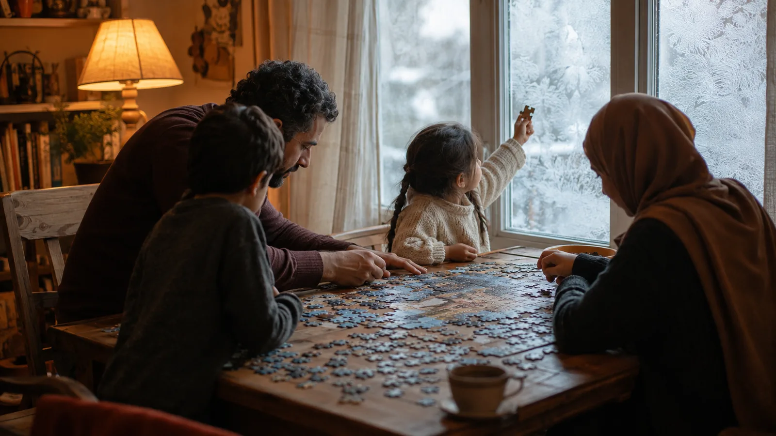 A child working on a jigsaw puzzle at a table by the window in afternoon light