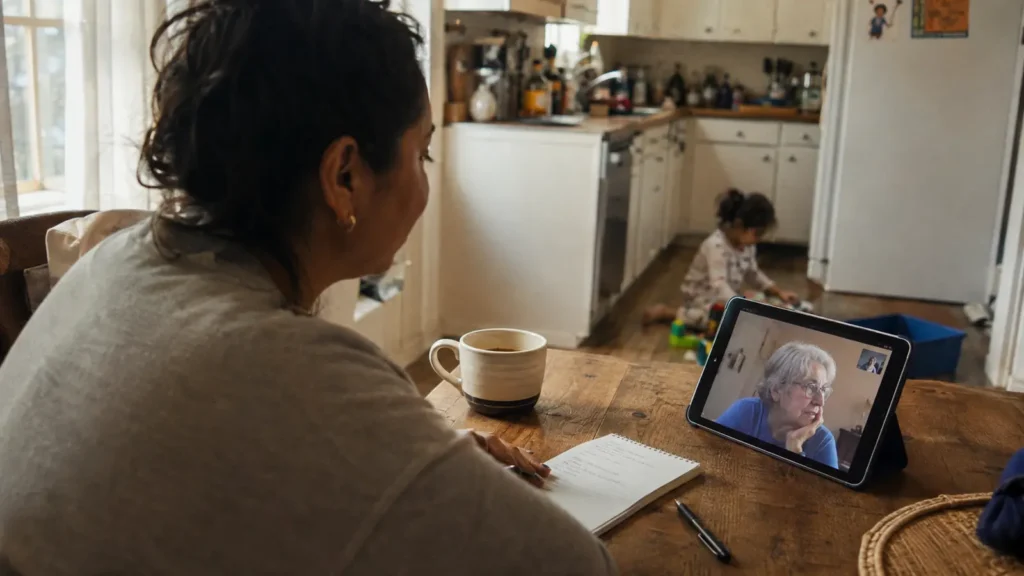 A child on a video call with grandparents in a living room in December