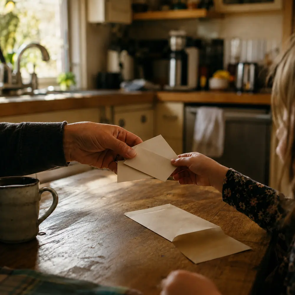 A pair of event tickets held in a hand above a wrapped parcel