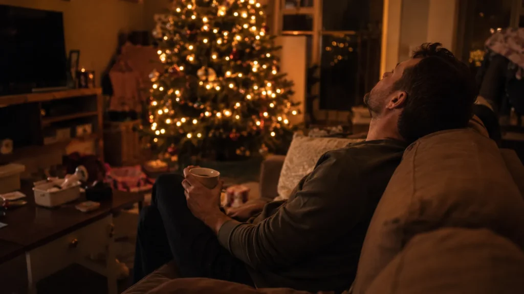 A parent sits alone on the sofa in a lamplit living room after the children are in bed