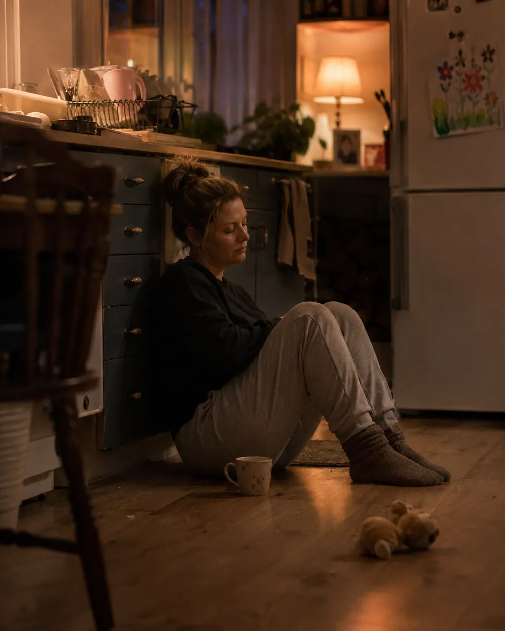 A tired parent sits on the kitchen floor at night holding a mug beside a childs teddy