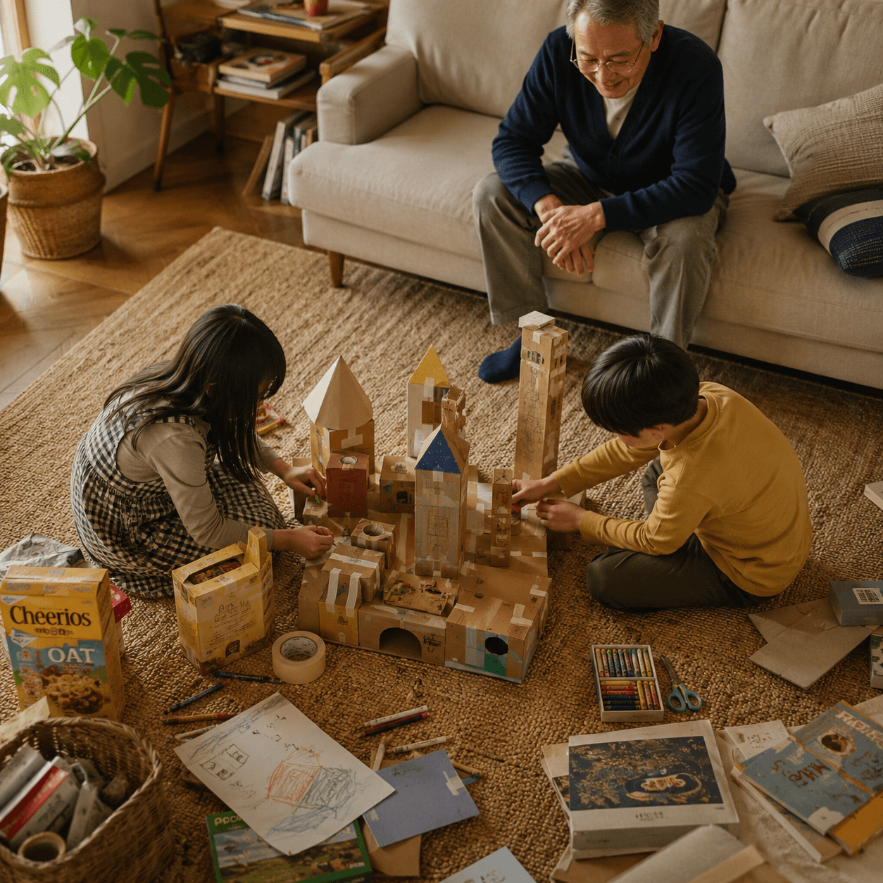 A grandfather builds a wooden block castle on the living room floor with his two grandkids