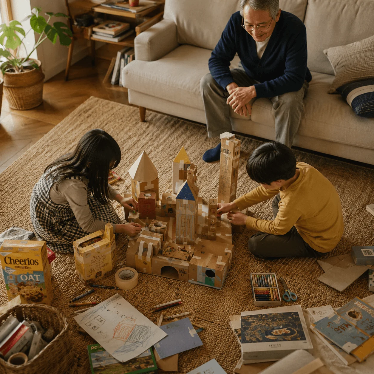 A grandfather builds a wooden block castle on the living room floor with his two grandkids