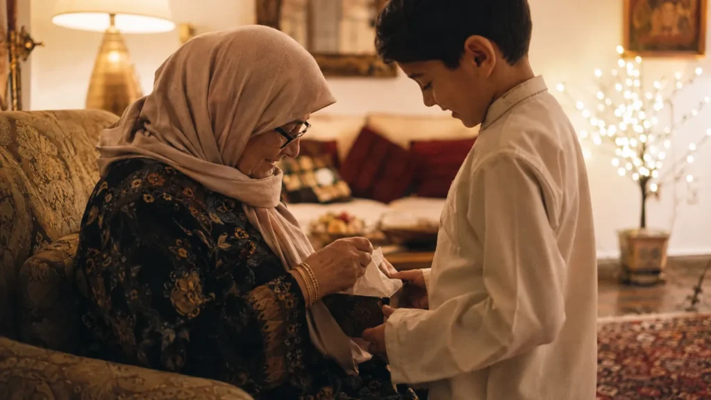 Grandparents sit with their grandchildren opening presents beside a Christmas tree