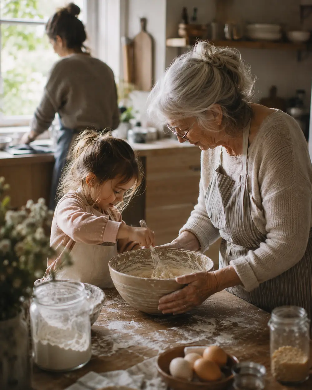 A grandmother and granddaughter working dough at a kitchen counter with a third adult in the background