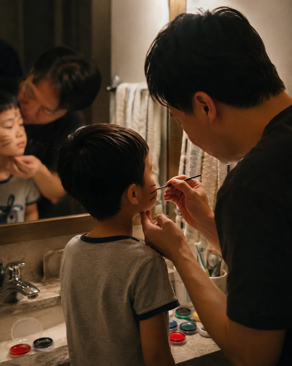 A child sits in front of a mirror having Halloween face paint applied by a parent