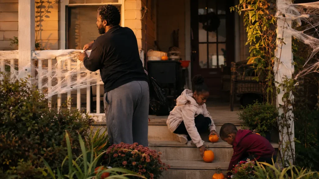 A family hangs cobwebs and decorations across a porch for Halloween