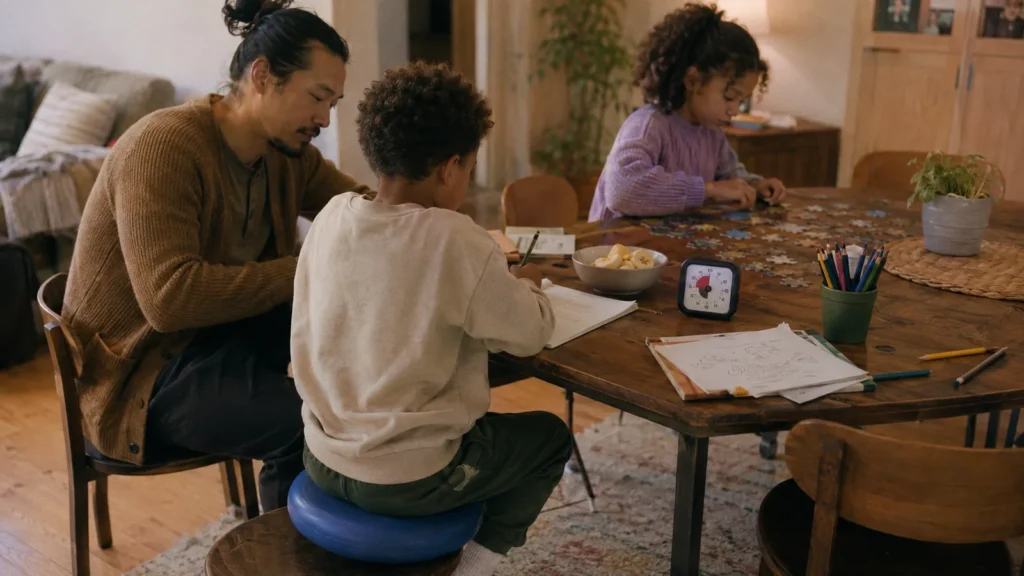 A father sitting with two children doing homework at the table, one on a wobble chair with a visual timer running