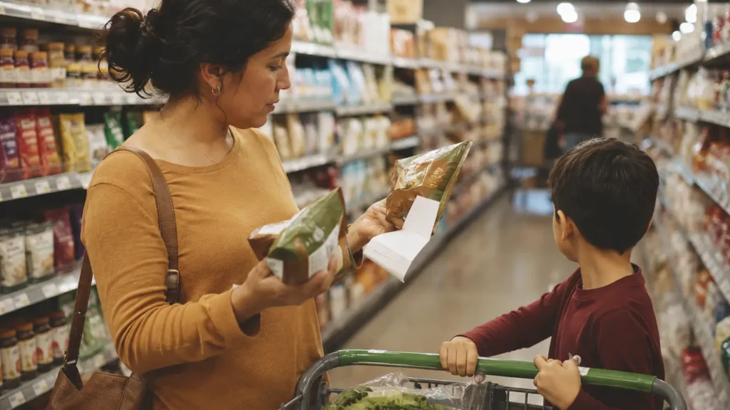 A mother in a supermarket aisle checking a shopping list against a shelf price, child in the trolley behind her