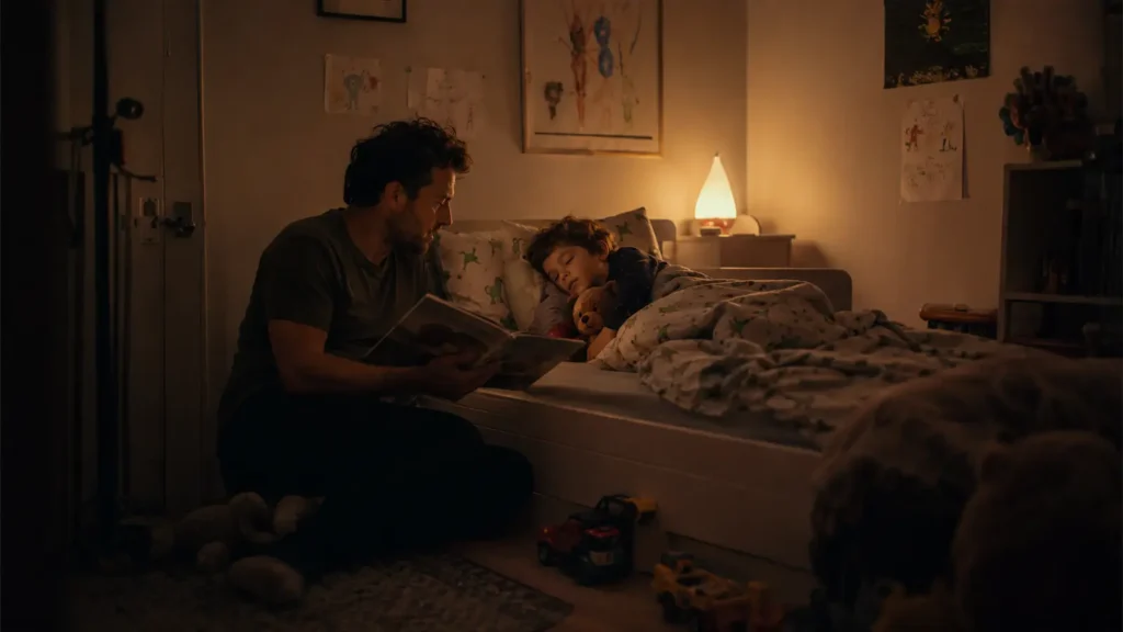 A dimly lit child bedroom at night, a parent reading beside the bed with built toys scattered across the floor