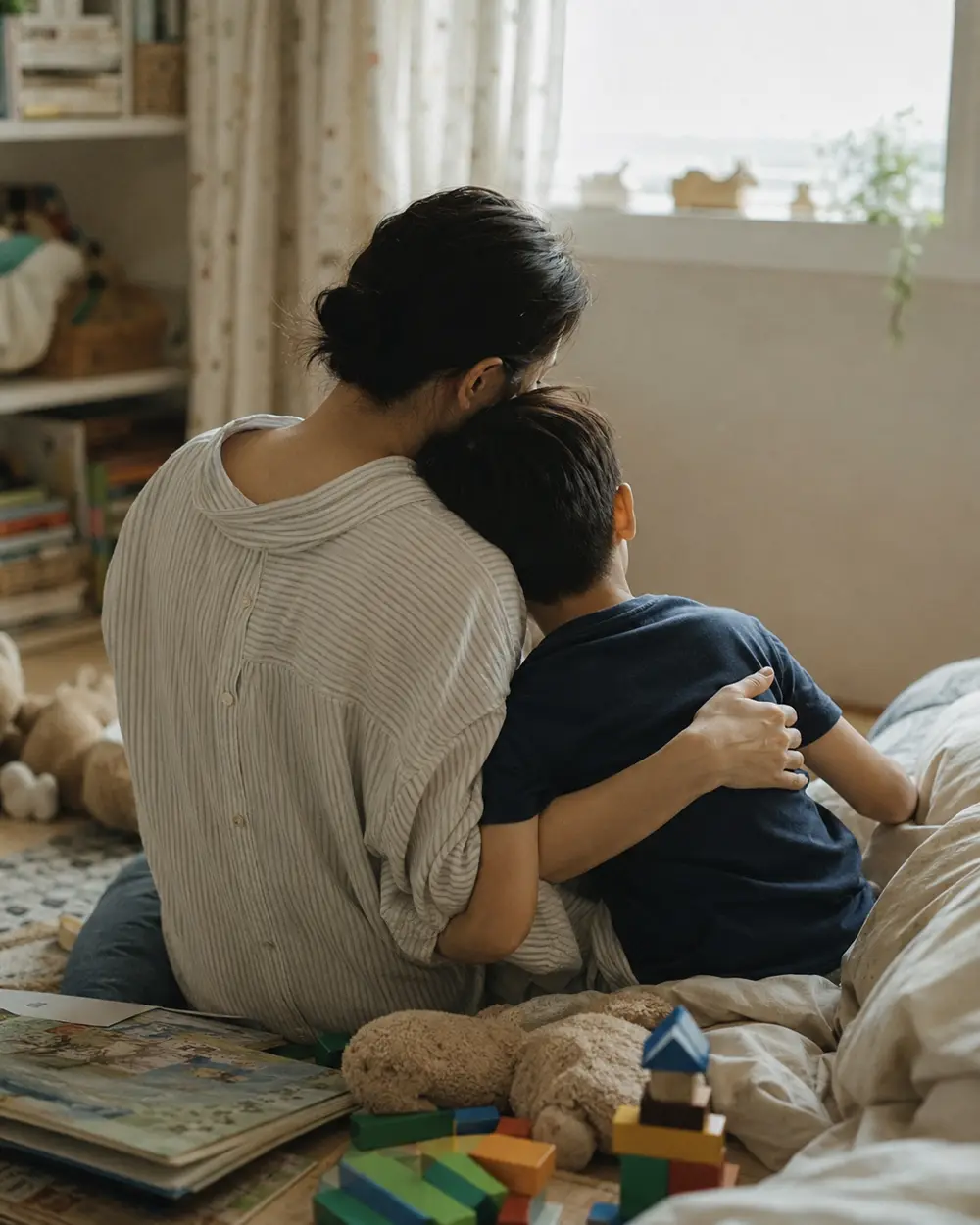 A mother sitting on a bed with her arm around her son, both looking towards the window, a block tower on the floor in front of them