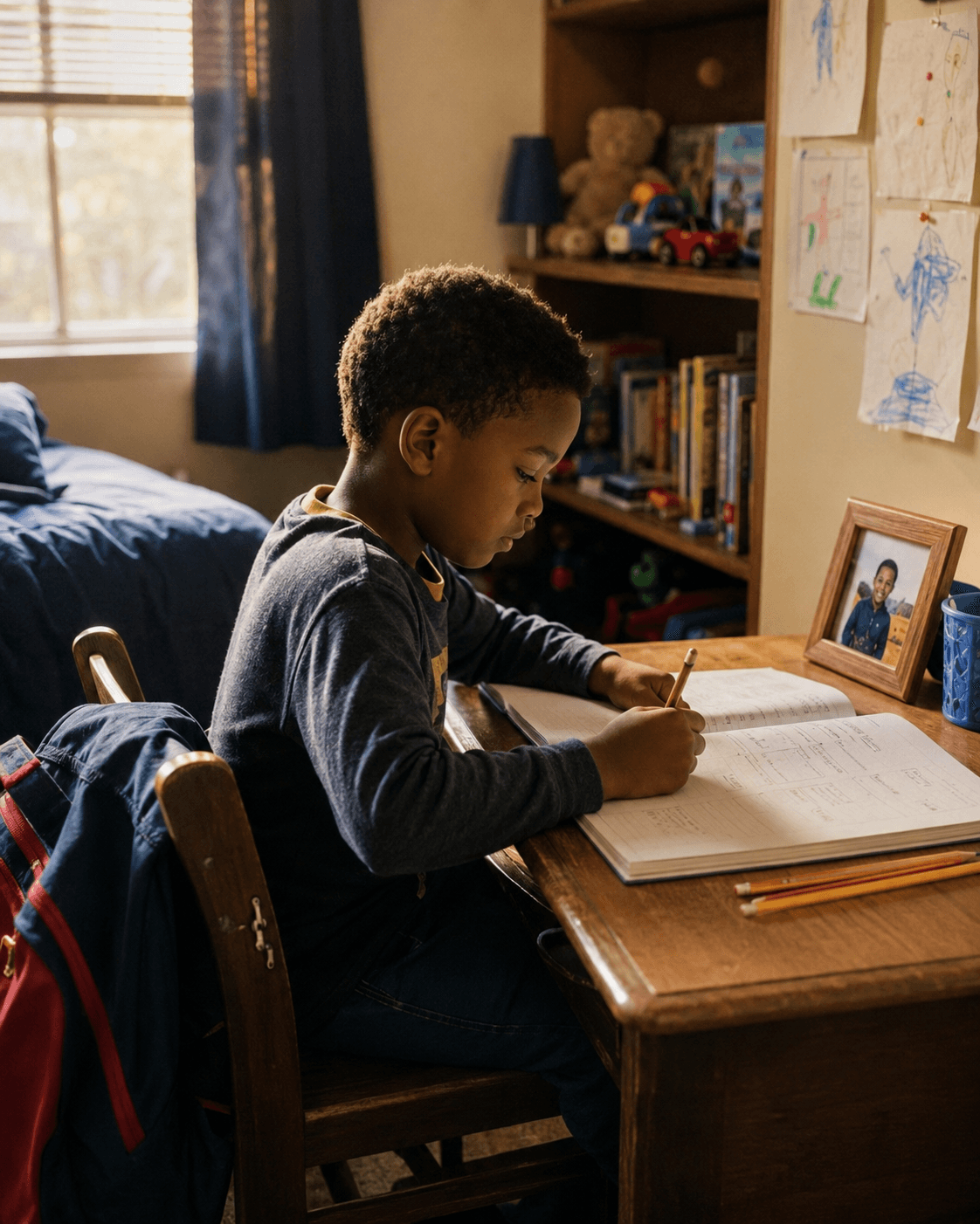 A Black boy working at a desk in his bedroom, focused on a notebook in front of him