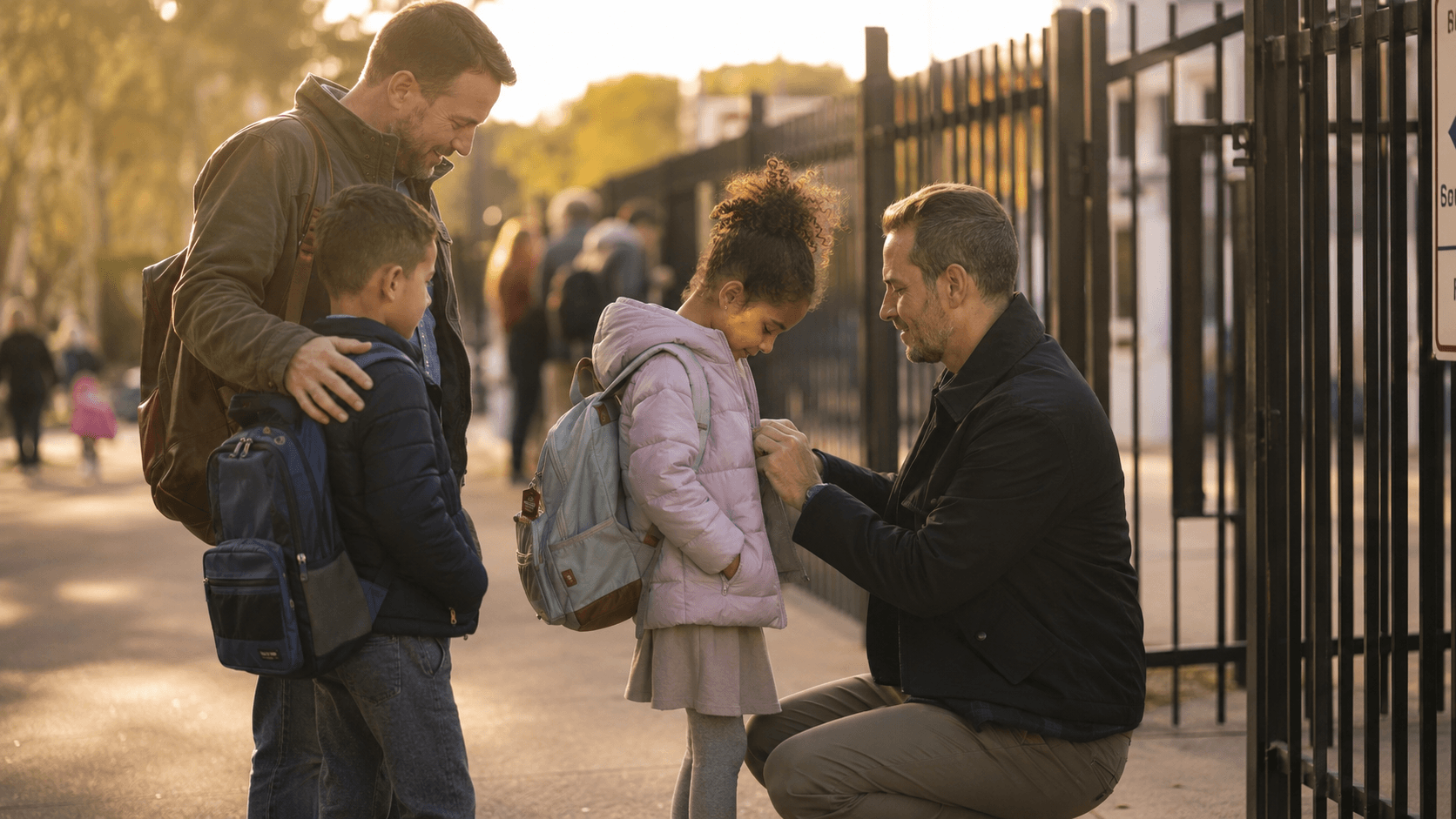 Two fathers collecting their children at a school gate at the end of the day, backpacks going on