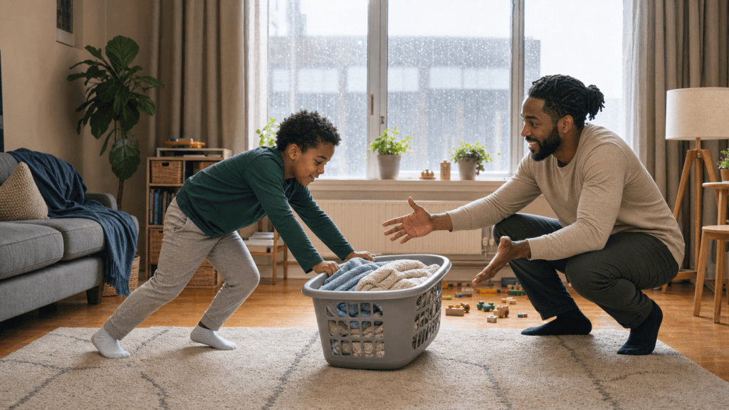 Black father encourages his child while the child pushes a laundry basket during an indoor movement activity
