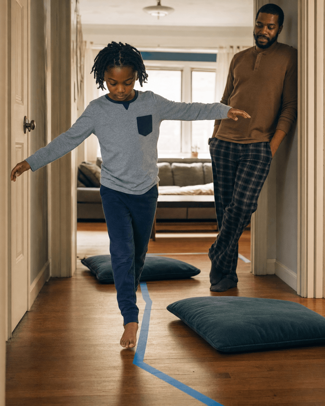 Black child balances along a painter tape line indoors while their father watches nearby