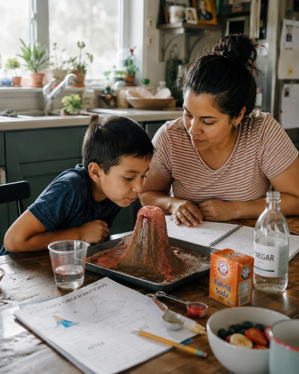 A mother and her son setting off a baking soda volcano on the kitchen counter