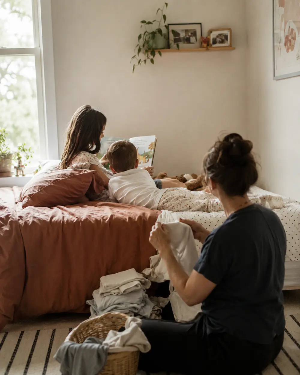 A parent sits on the floor of a shared childrens bedroom in the evening reading with two children