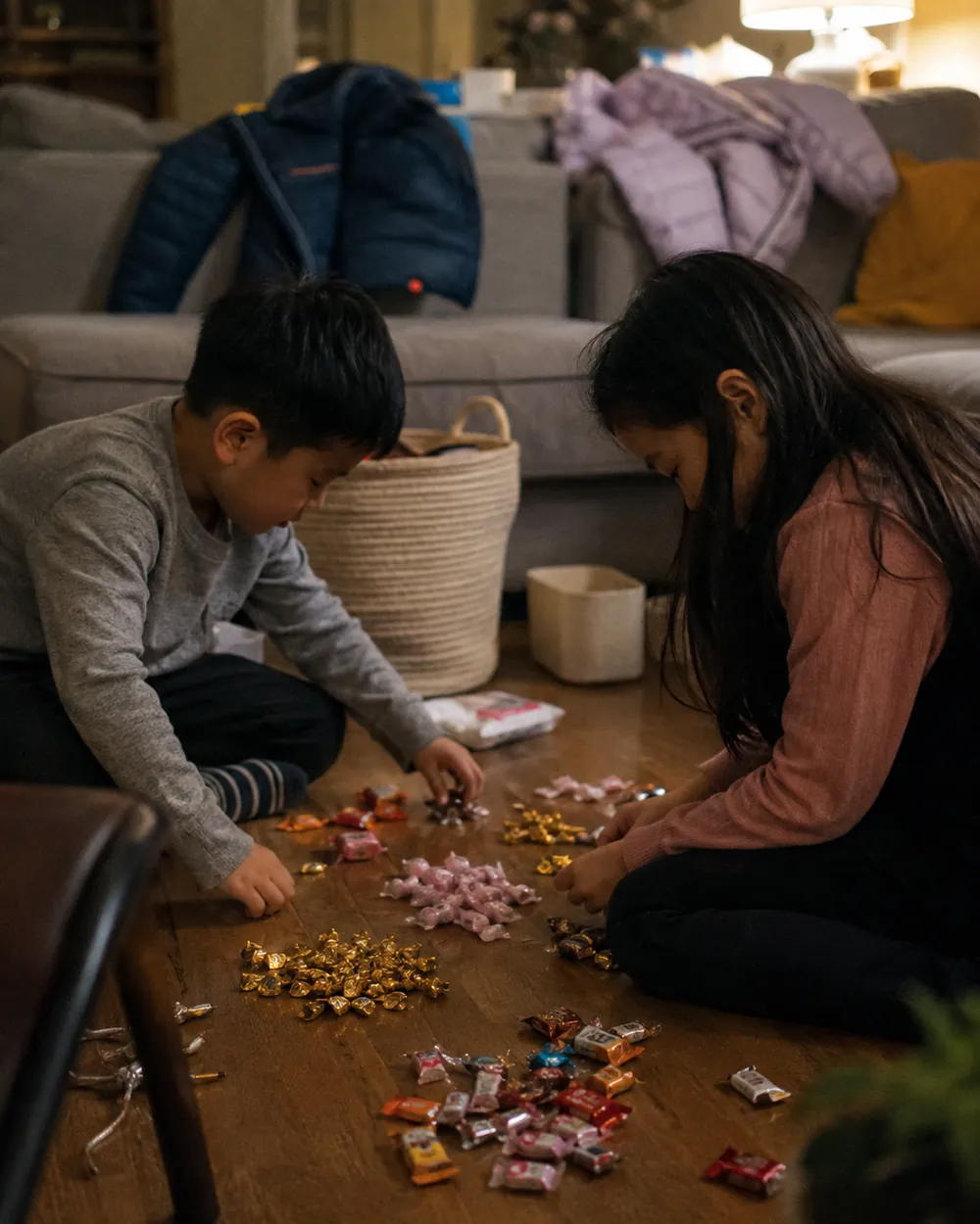 A child sits on the living room floor sorting a pile of Halloween candy into groups