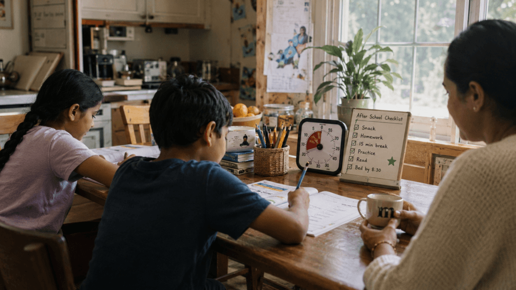 A mother and two children looking at a checklist and timer on the kitchen wall during a busy morning