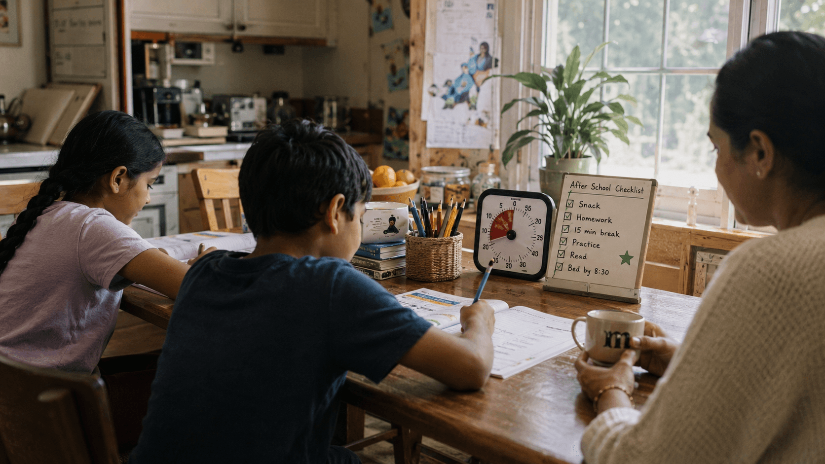 A mother and her two children checking a morning list in the kitchen before school