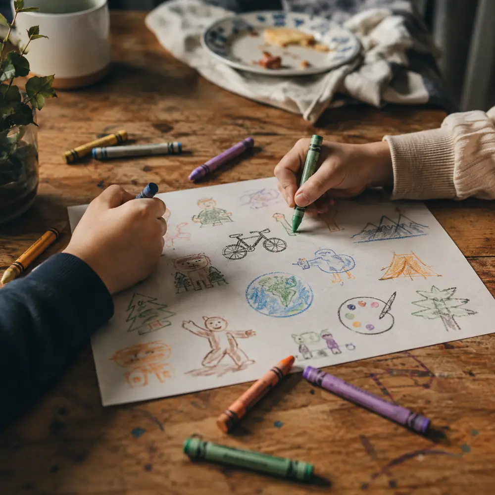 A child writing on paper at a kitchen table with a mug and a pen beside them