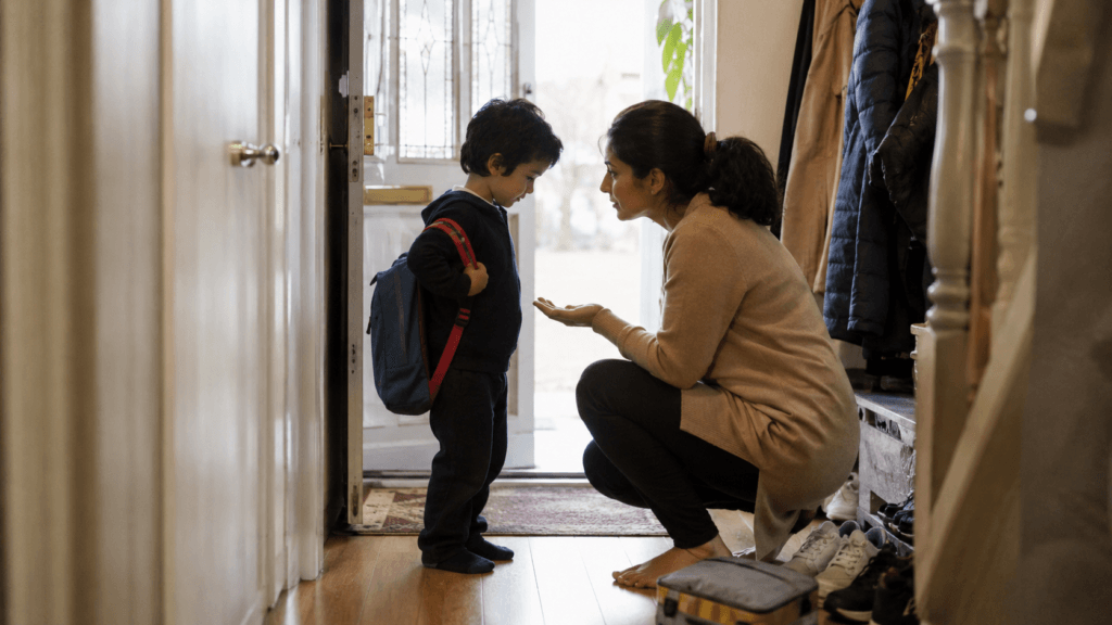 A South Asian mother crouches to talk with her son at the front door as he holds his school backpack