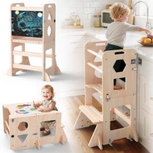 OMEW 4-in-1 Toddler Standing Tower, Anti-Tip Foldable Kitchen Step Stool with Blackboard