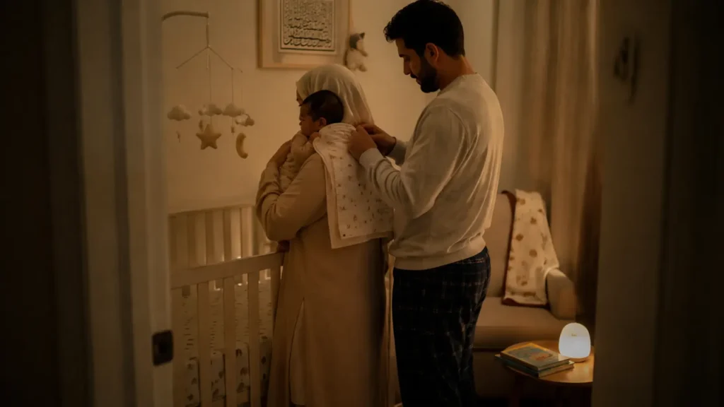 Two parents in a softly lit nursery at night, one holding the baby while the other lays a soft blanket over them