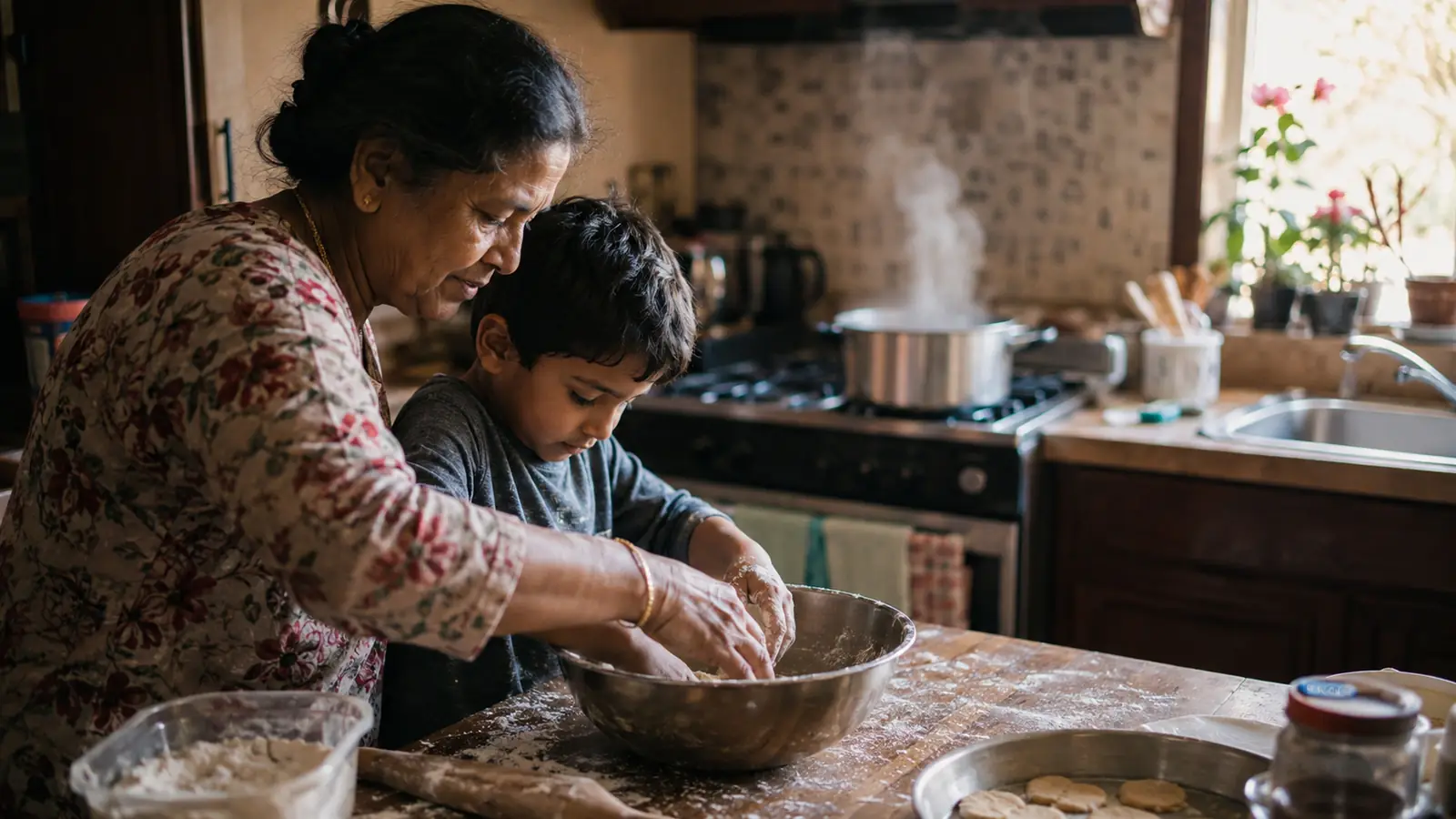 A parent and child working side by side at a kitchen counter preparing food for a holiday meal