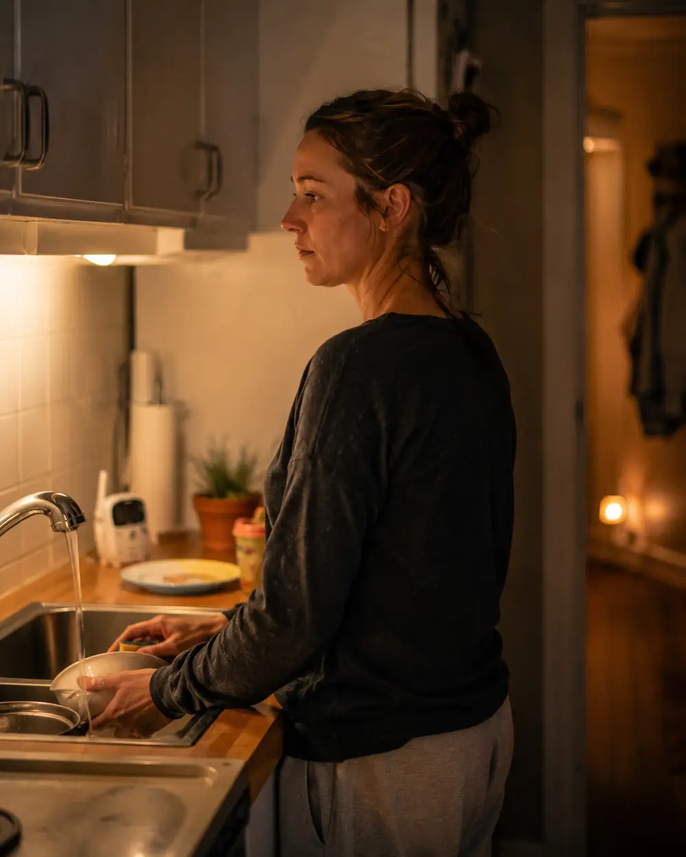 A mother standing at a kitchen sink at night washing up, looking out of the dark window