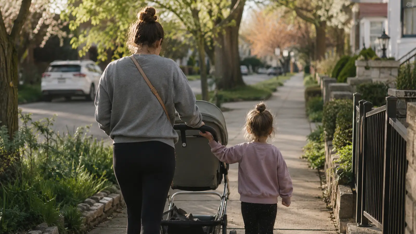 A mother walking away from the camera along a tree lined street pushing a pram, a small child holding the handle beside her
