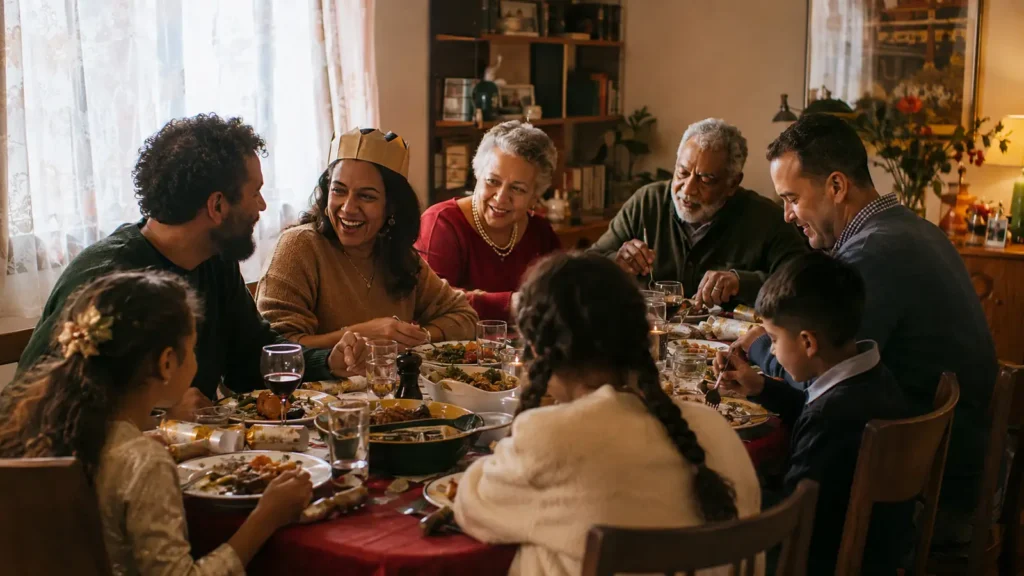 A long family dinner table set for a holiday meal with adults seated