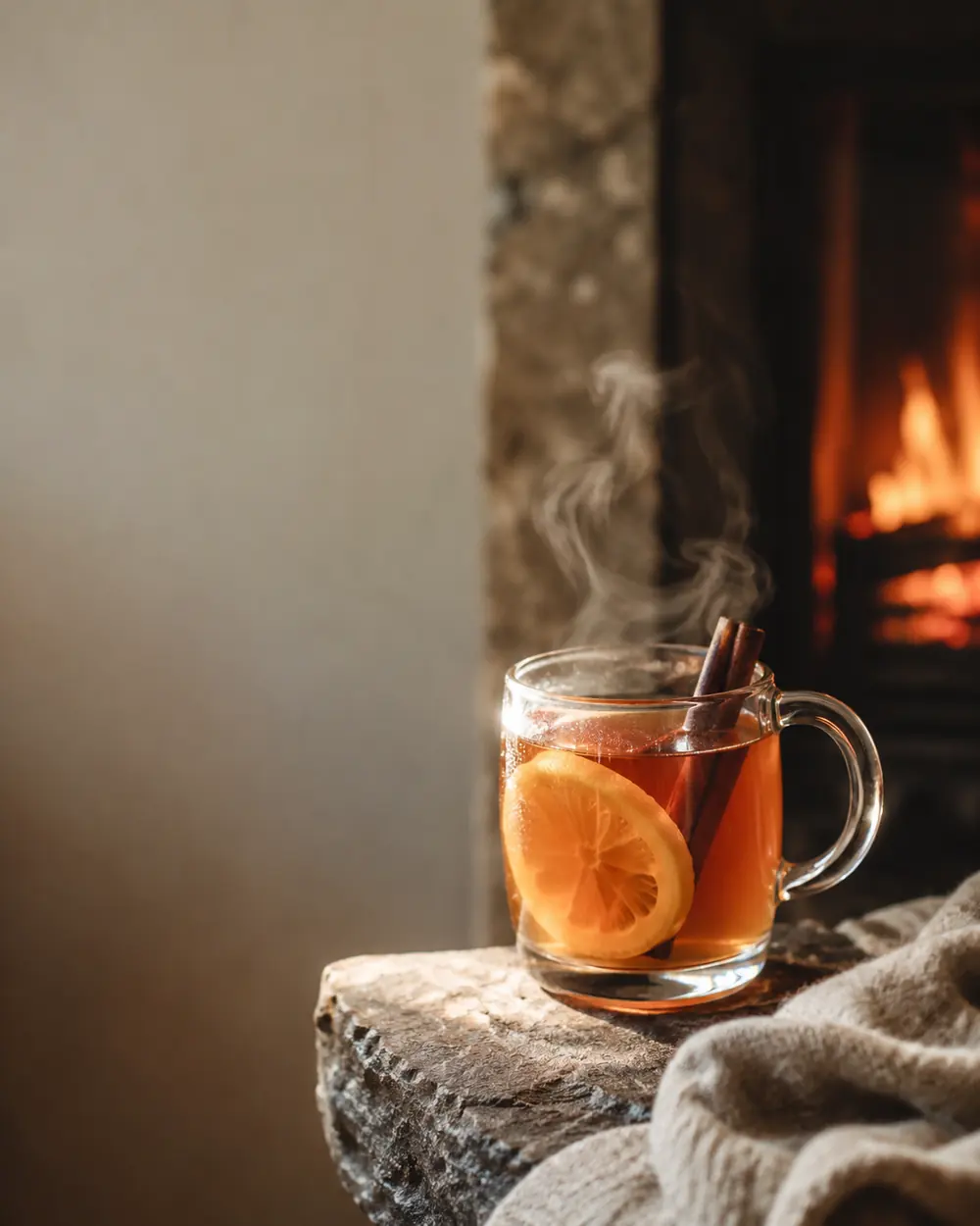 A steaming glass mug of spiced tea with an orange slice on a blanket beside an open fire