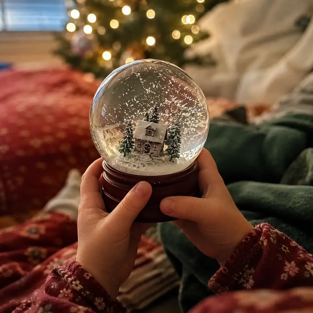 Small hands cupped around a snow globe with the glitter still settling inside