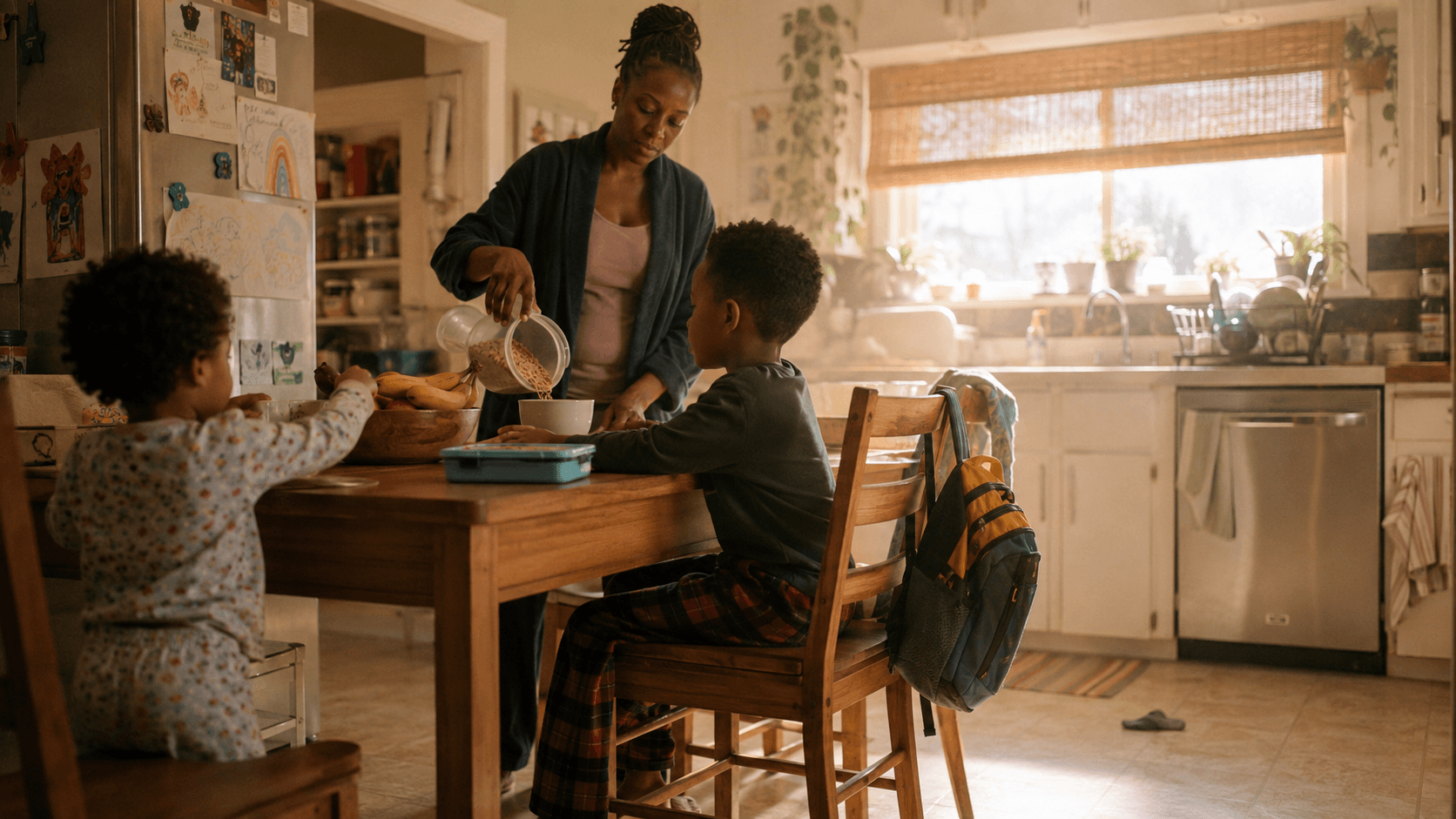 A parent and two children eating breakfast at the kitchen table before school with lunch boxes on the counter