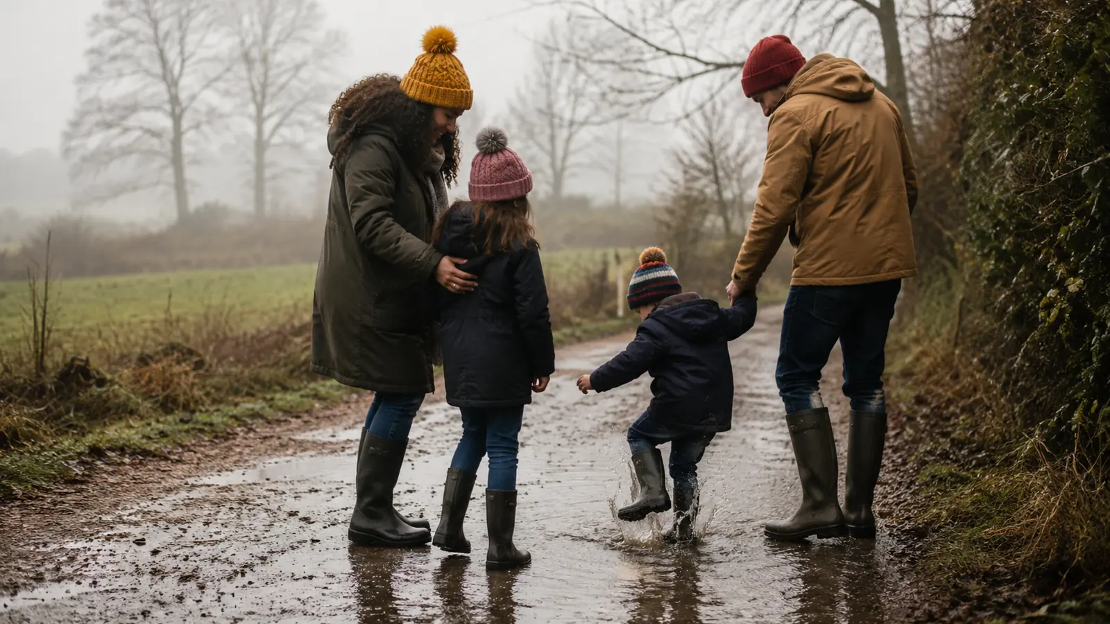 A parent and child walk along a grey street in wellington boots in January