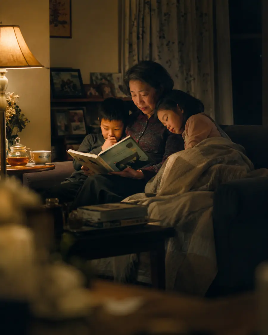 A grandmother reads a book with two children on a sofa under a warm lamp