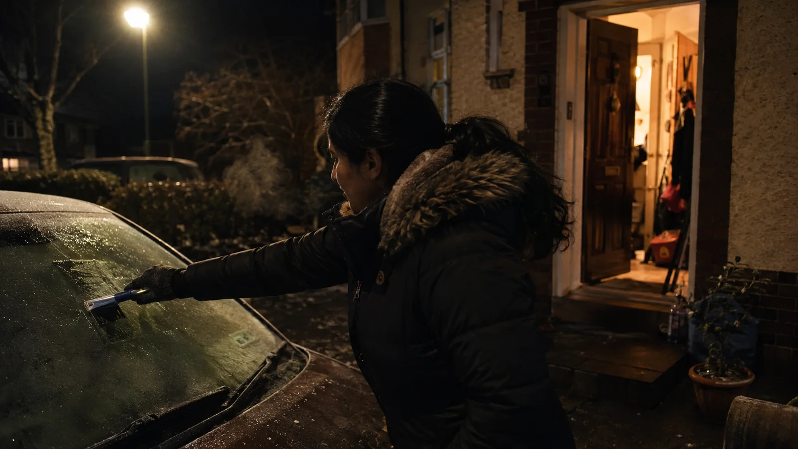 A parent scraping frost from a car windscreen in the dark while a child waits by the door