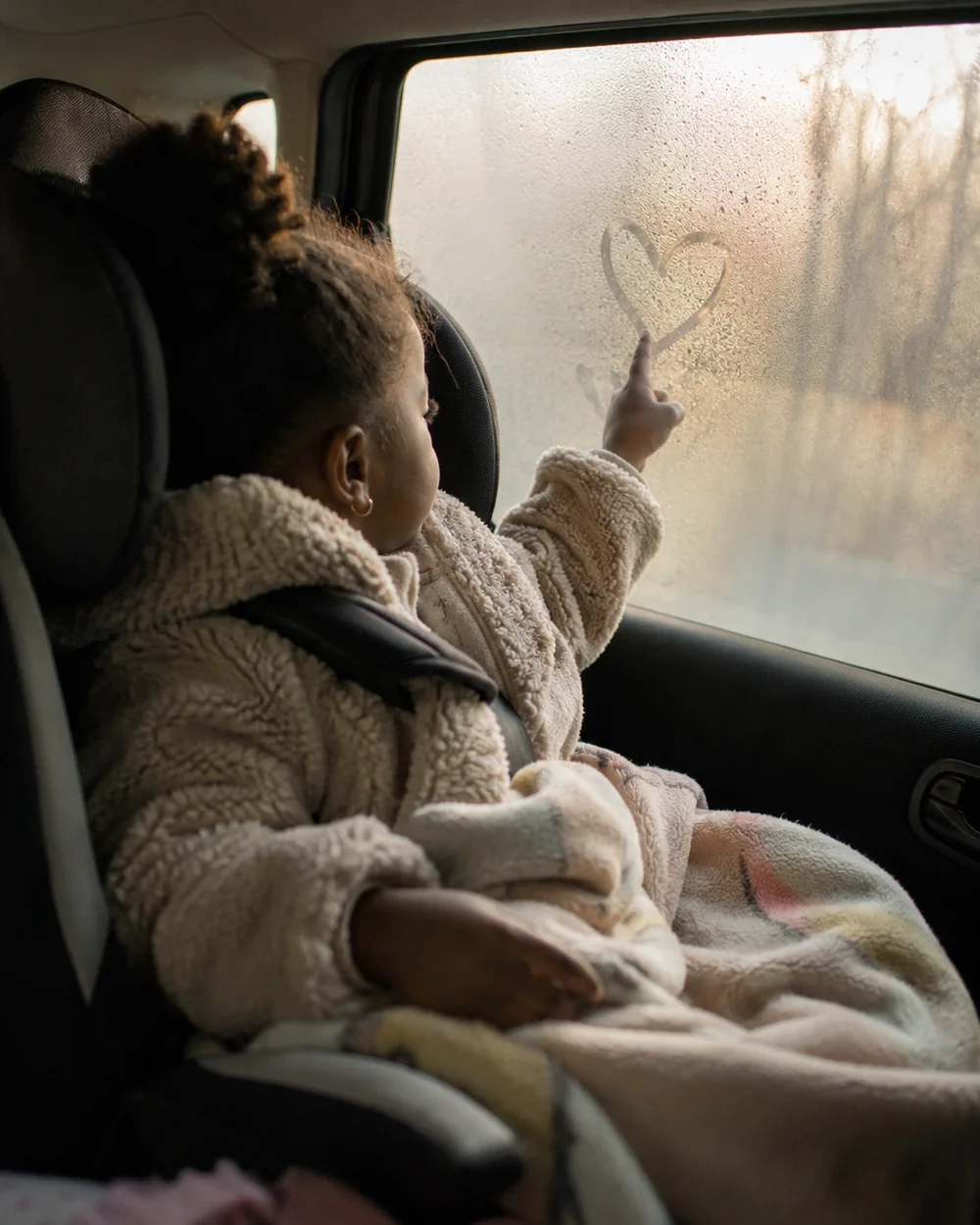 A child looking out through a frosted car window on a grey winter morning