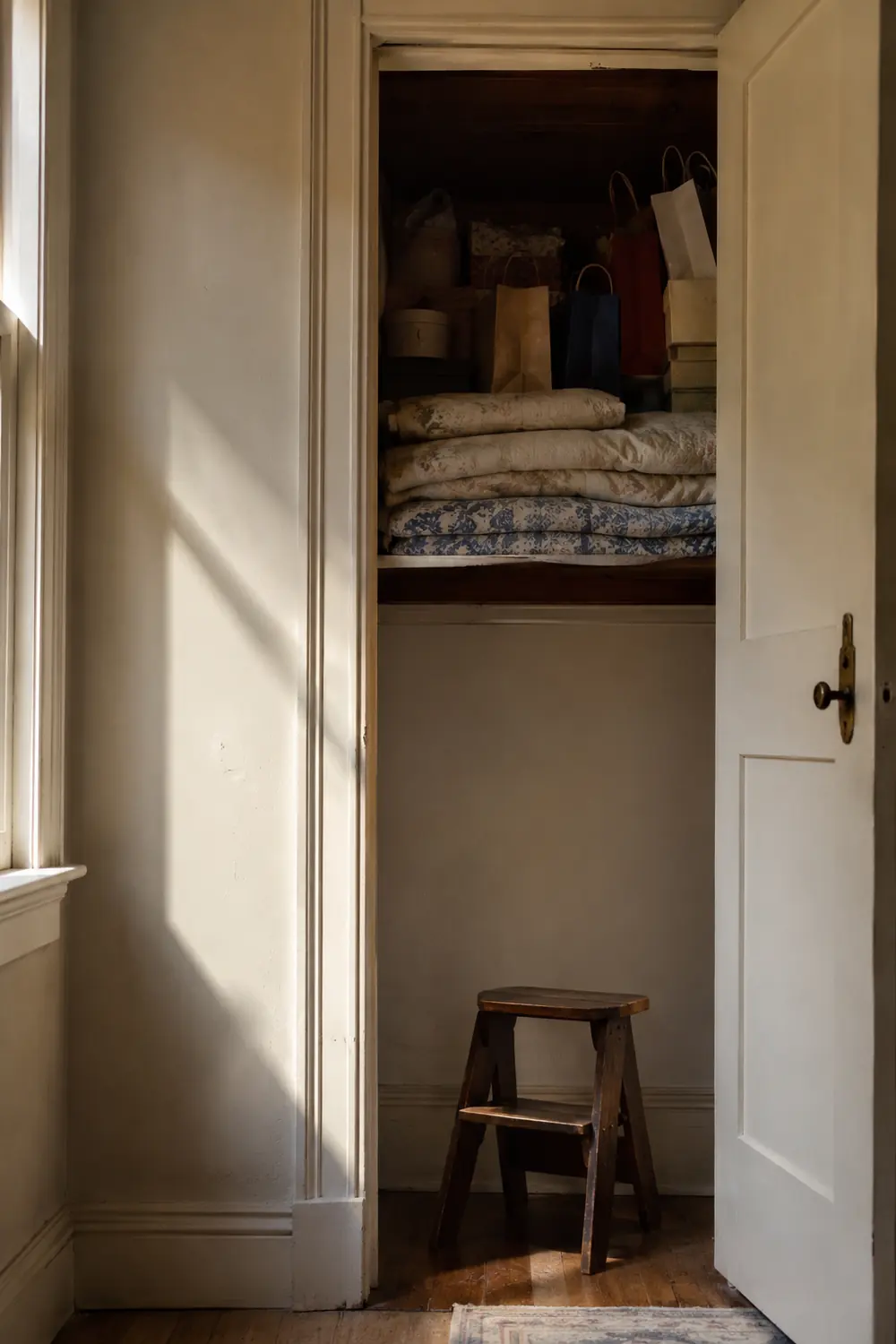 Gift bags stored on a high shelf in a linen cupboard beside a wooden stool
