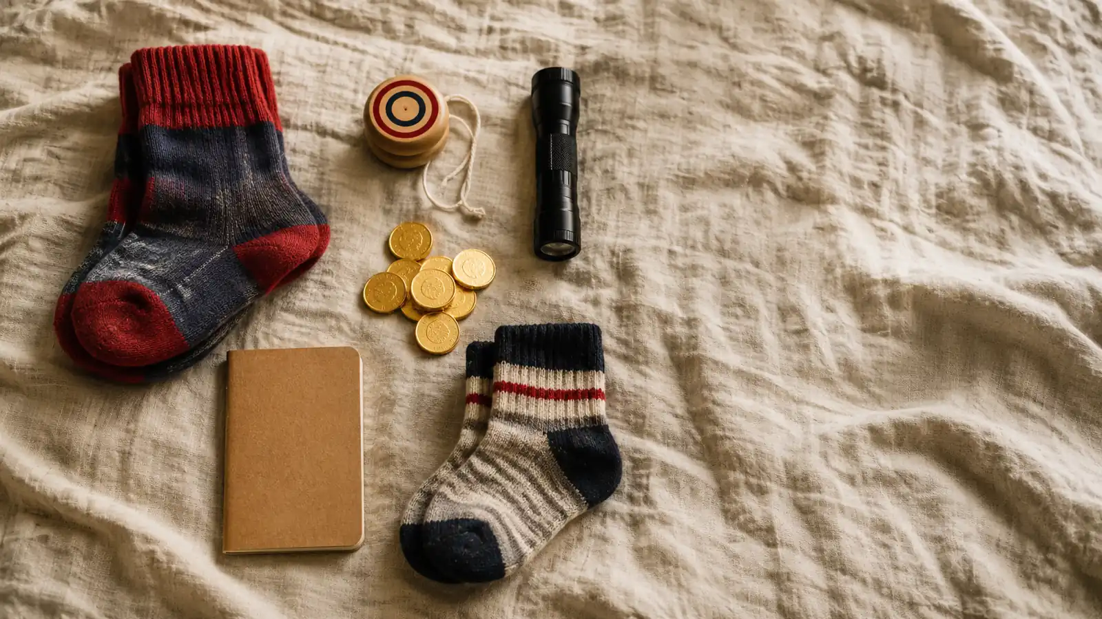 Small gifts laid out on linen: wool socks, a yo-yo, a torch, chocolate coins and a notebook