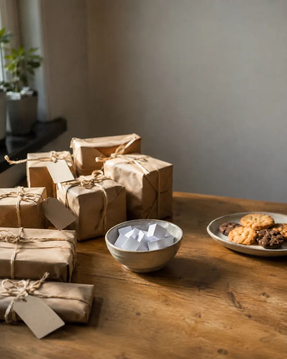 Several small parcels wrapped in brown paper on a wooden table with a bowl of marshmallows and a plate of biscuits