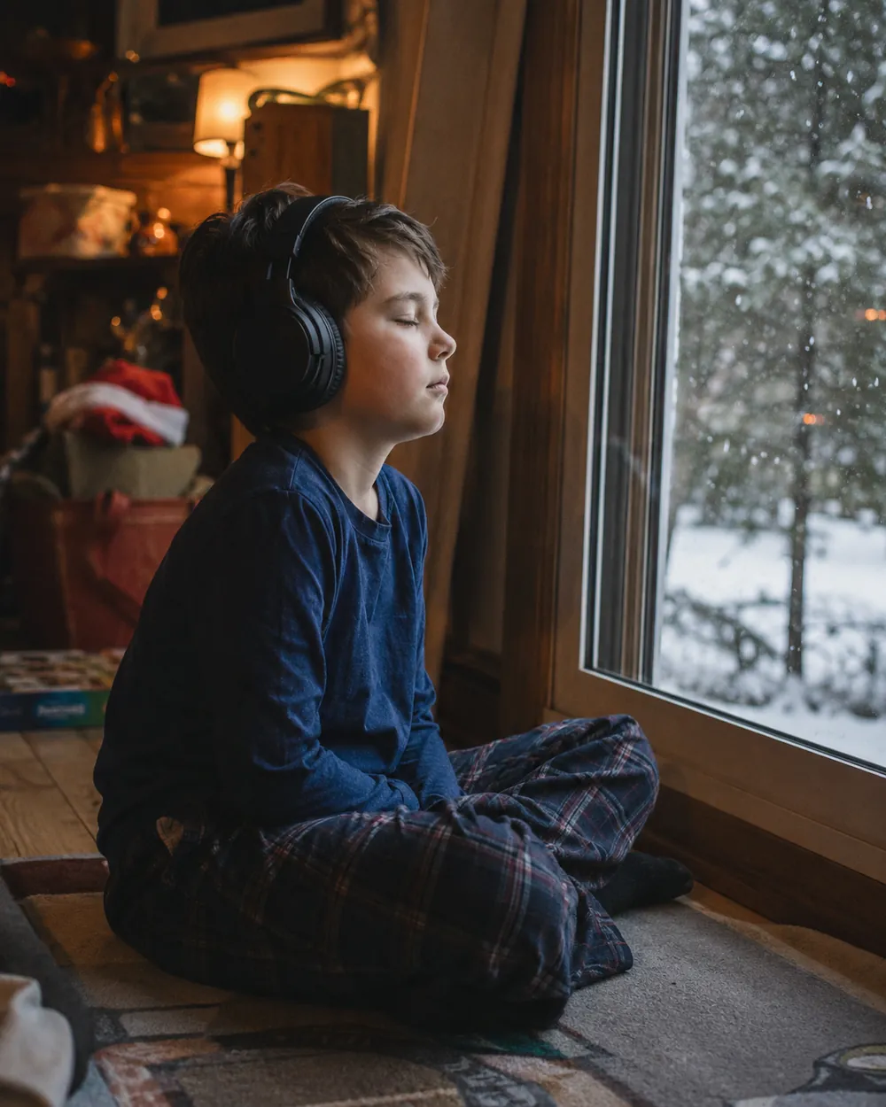 A child sits on a bed wearing headphones listening to music in a shared bedroom